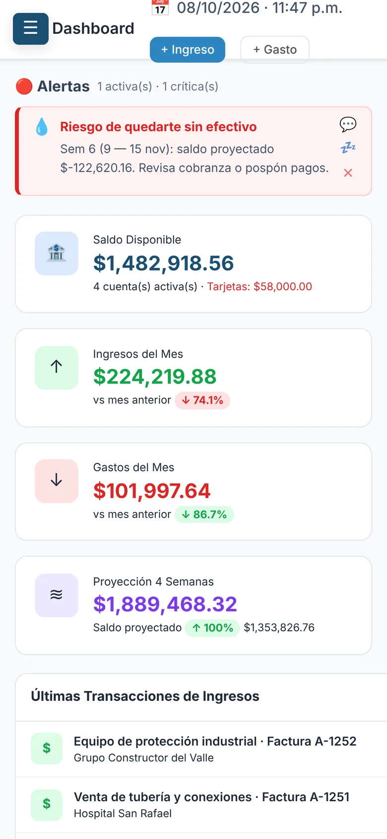Tablero de FlujoTurbo en un teléfono con alerta de riesgo de efectivo, saldo disponible, ingresos y gastos del mes